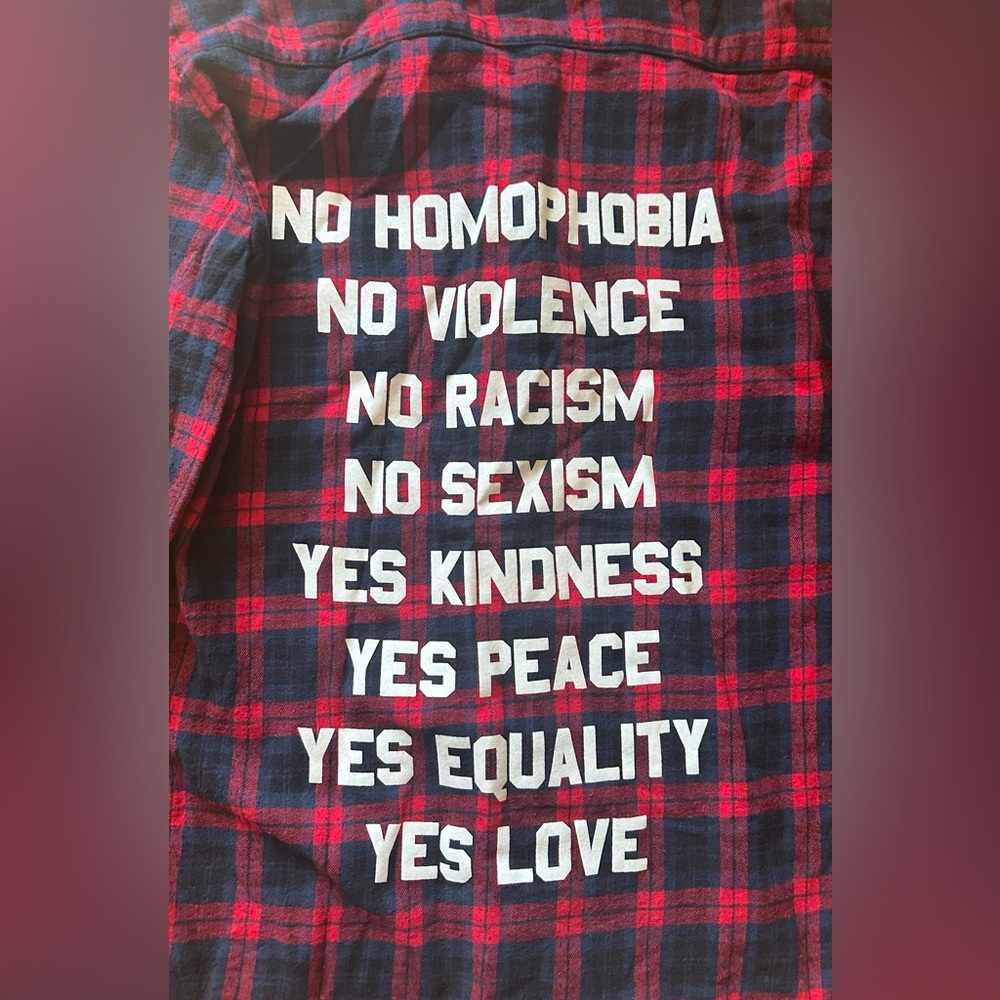 Jac Vanek plaid statement flannel - YES LOVE graphic (s)